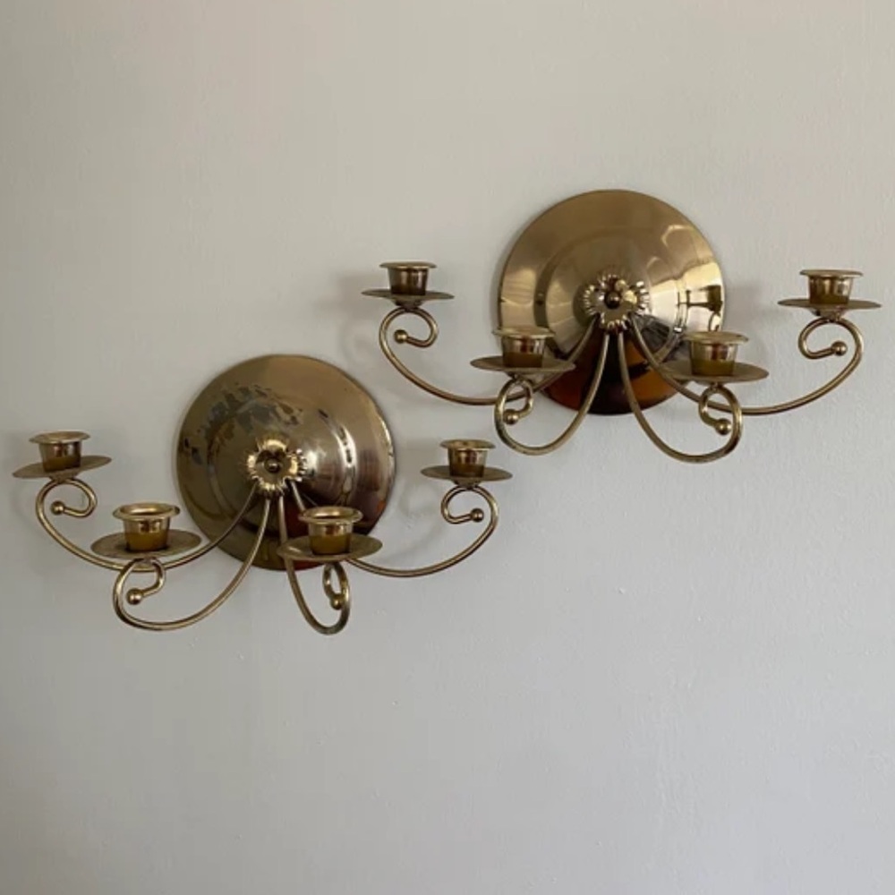 2 Vintage Brass Wall Candlestick Holder Sconces. Circle 4 Arms Taper Curved USA